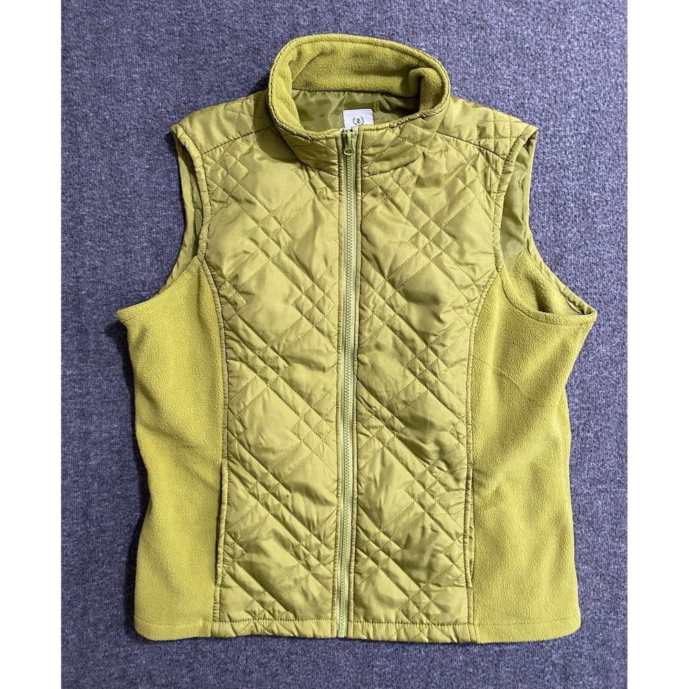 Izod Womens Petite Vest Green Quilted Fleece Lined Zipper Mock Neck Size L